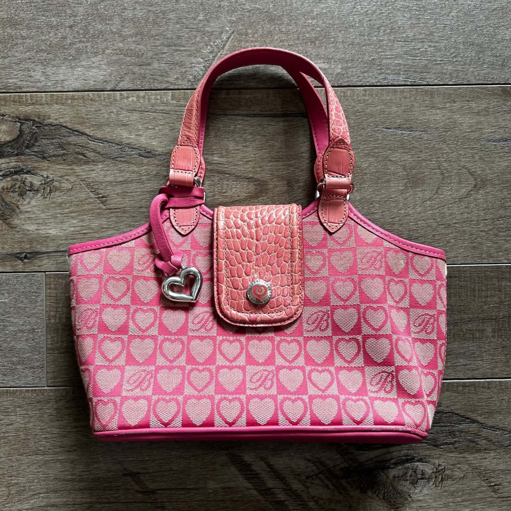 Y2K Brighton Pink Heart Coquette Canvas Mini Tote Bag Embossed Leather Trim